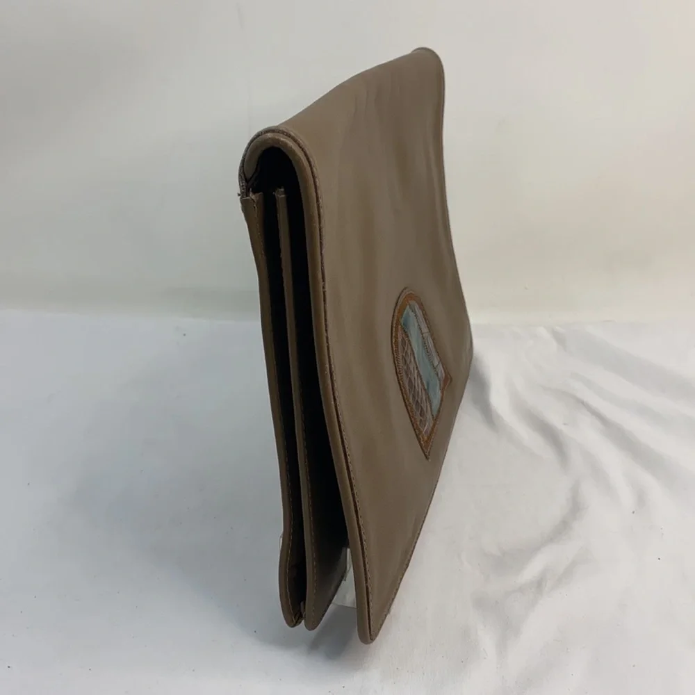 Vintage Large Taupe Brown Leather Envelope Clutch